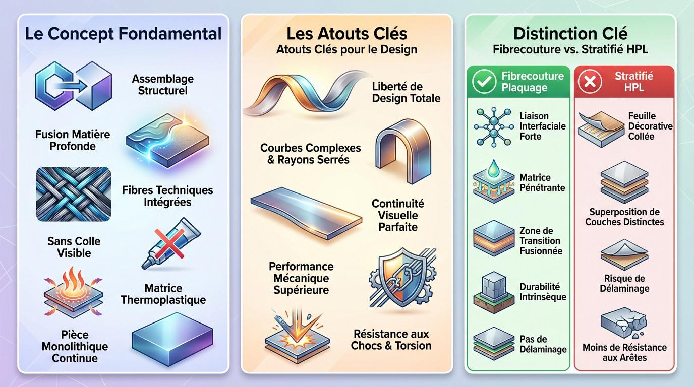 Schéma technique illustrant le procédé de fusion du fibrecouture plaquage comparé à un collage traditionnel