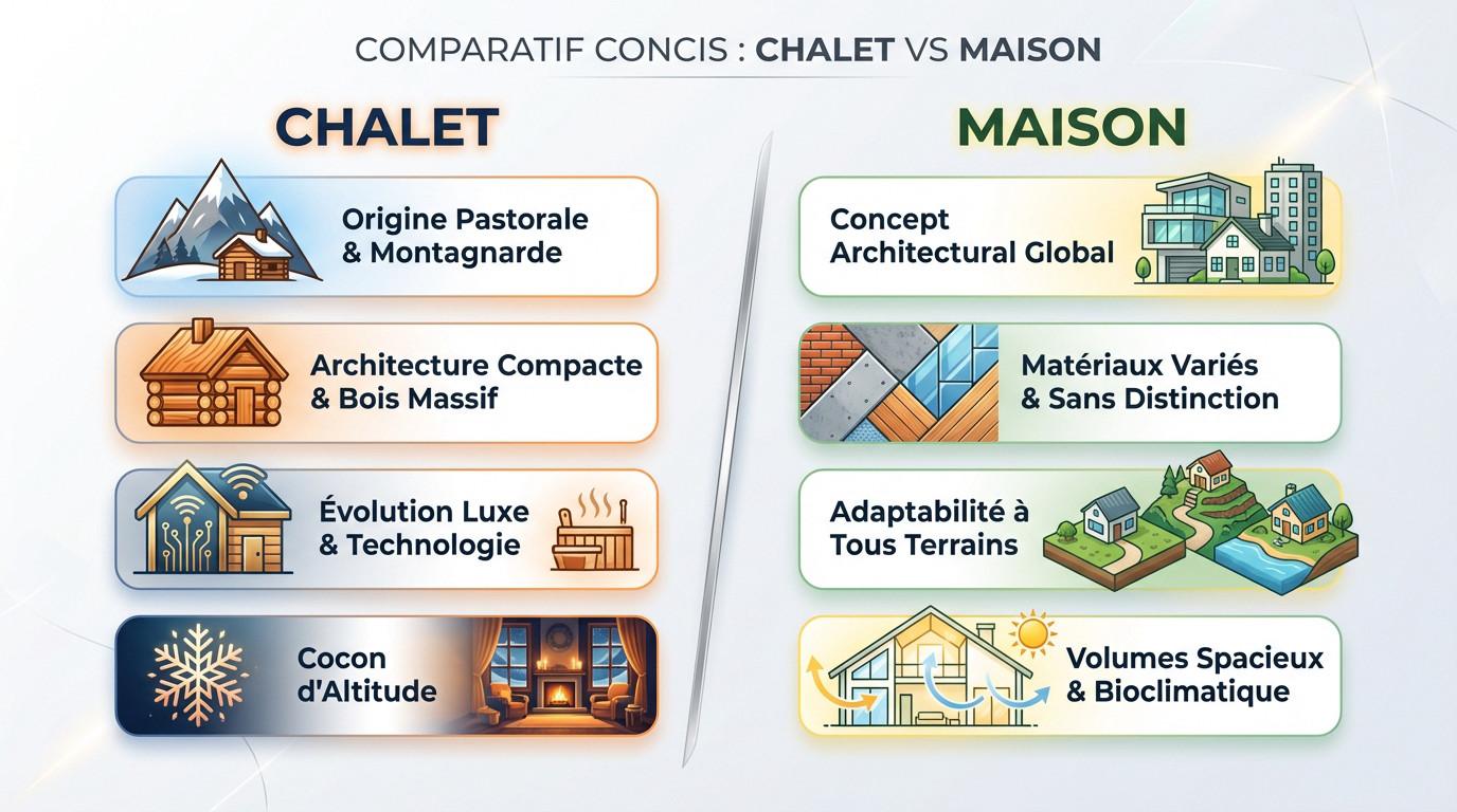 Comparatif visuel montrant les différences architecturales entre un chalet et une maison individuelle