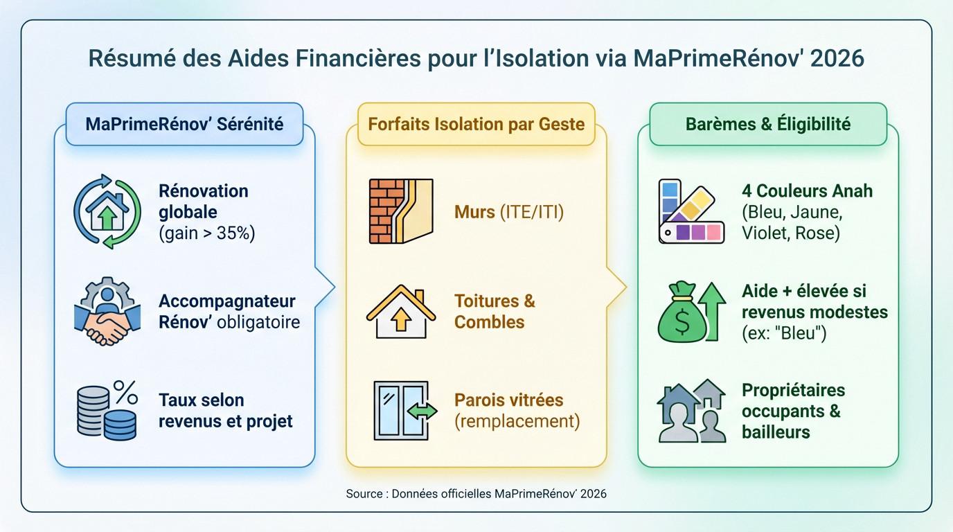 Illustration des aides financières MaPrimeRénov' 2026 pour l'isolation de la maison